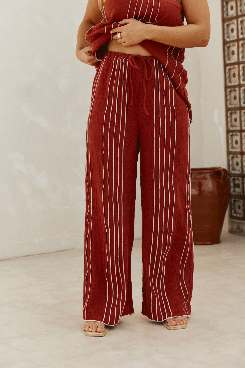 Merlot Red Cotton Elastic Drawstring Emilia Pants