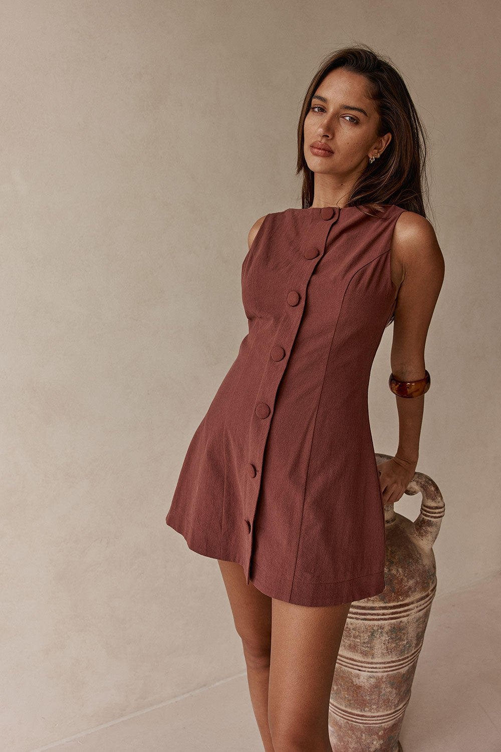 Chocolate Brown Button Flared Mini Graylee Dress