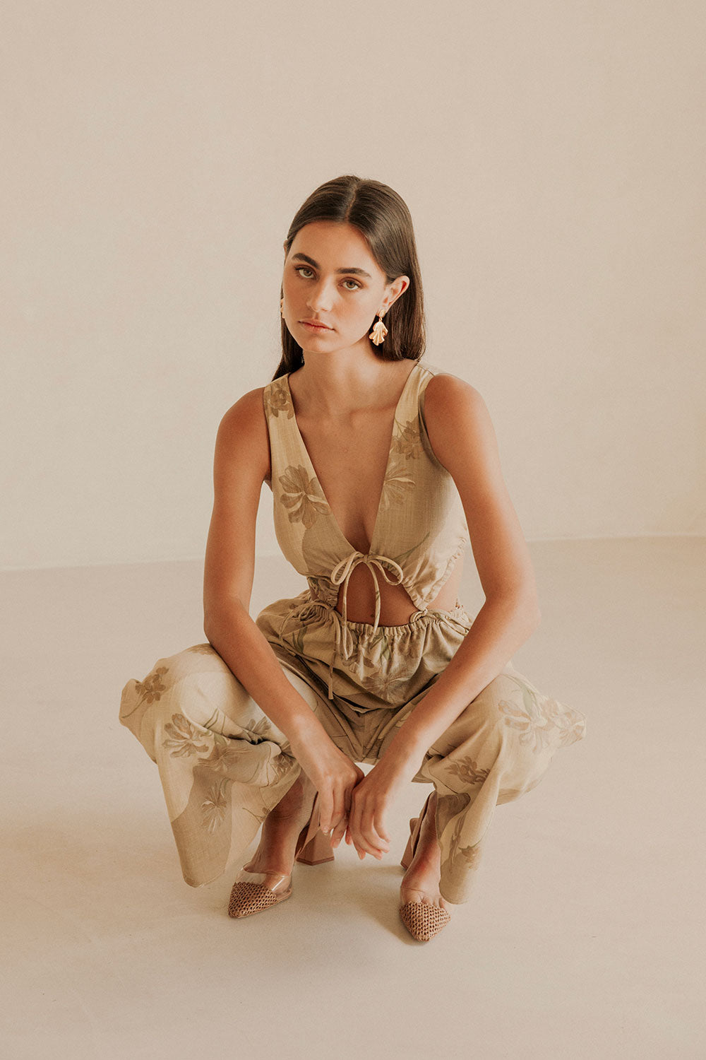  Esmae Tropical Cutout Tie Jumpsuit - Brown, Green Tawny Bloom Print