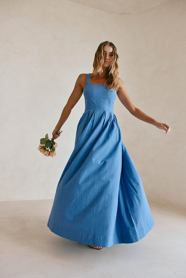 Blue Pleated Full Maxi Flore Dress