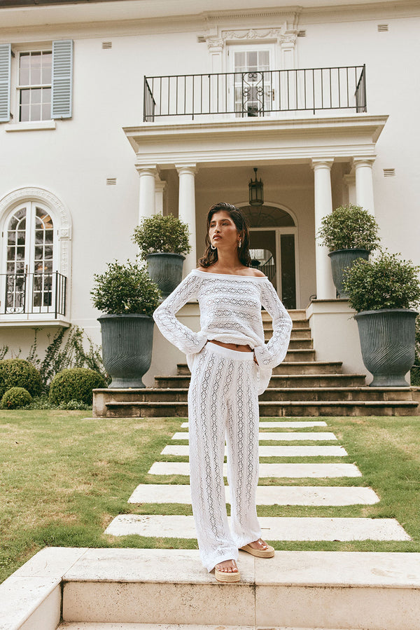 White Crochet Knit High Waist Elastic Cierra Pants