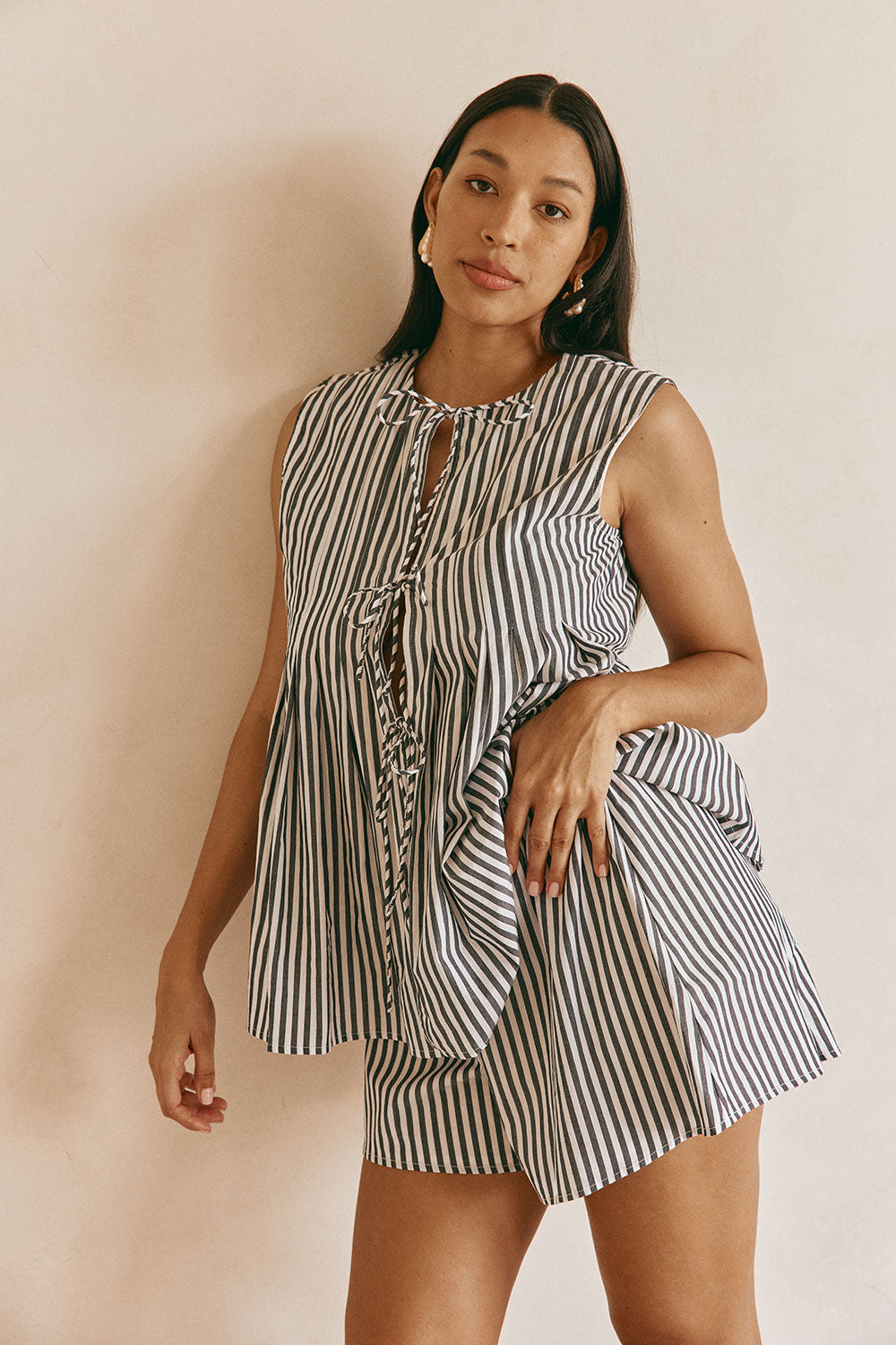 Black and White Stripe Elastic Dalia Shorts