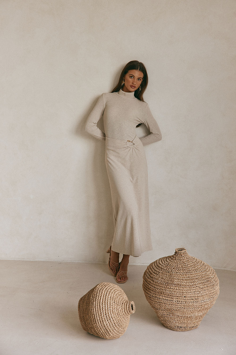 Beige High Neck Long Sleeve Fitted Maxi Simone Dress