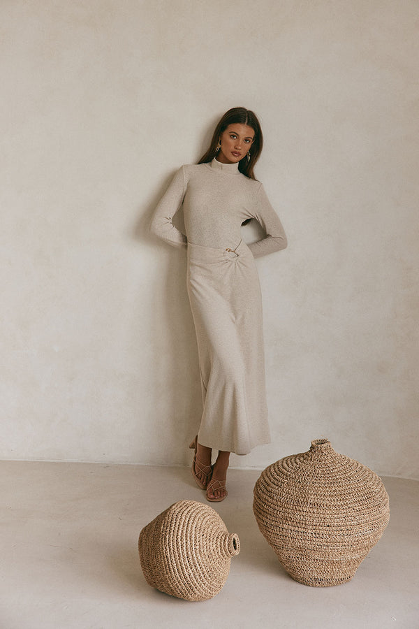 Beige High Neck Long Sleeve Fitted Maxi Simone Dress