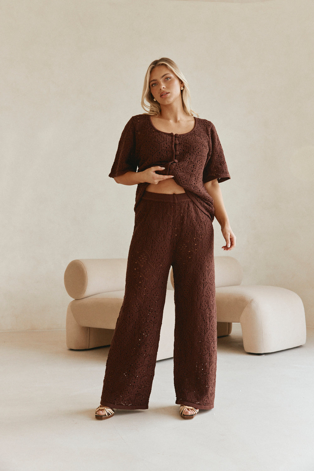 Brown Crochet Knit High Waist Umiko Pants