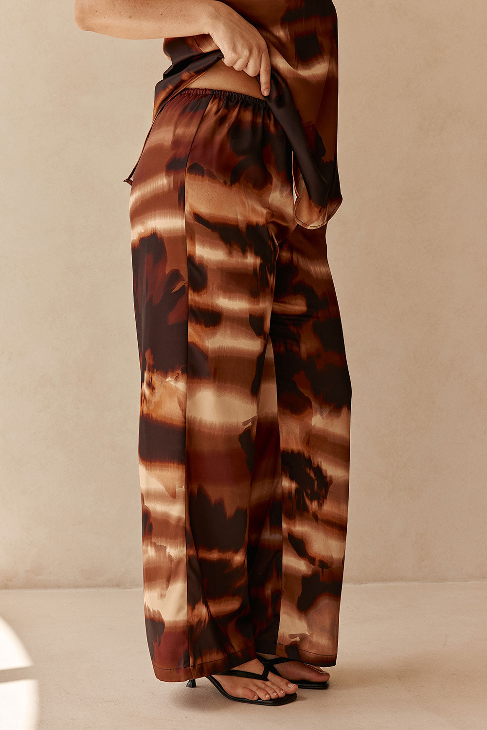 Brown Mirage Bloom Print Satin Elastic Drawstring Fabi Pants