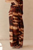 Brown Mirage Bloom Print Satin Elastic Drawstring Fabi Pants