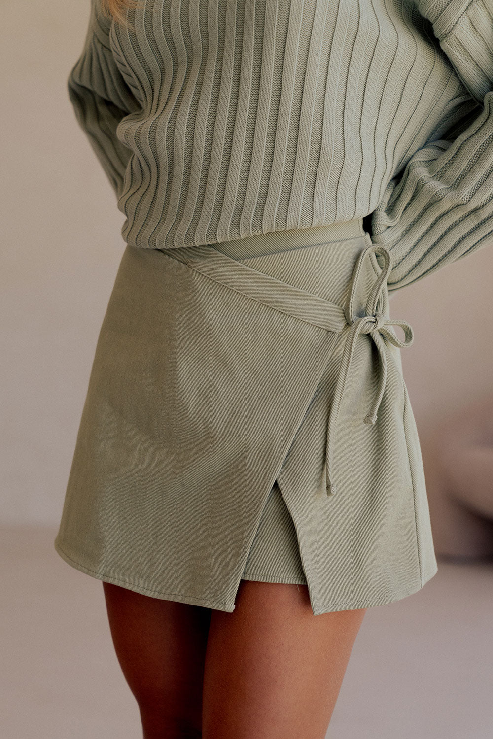 Sage Green Asymmetric Wrap Mini Rocio Skort