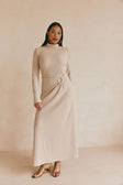 Beige High Neck Long Sleeve Fitted Maxi Simone Dress