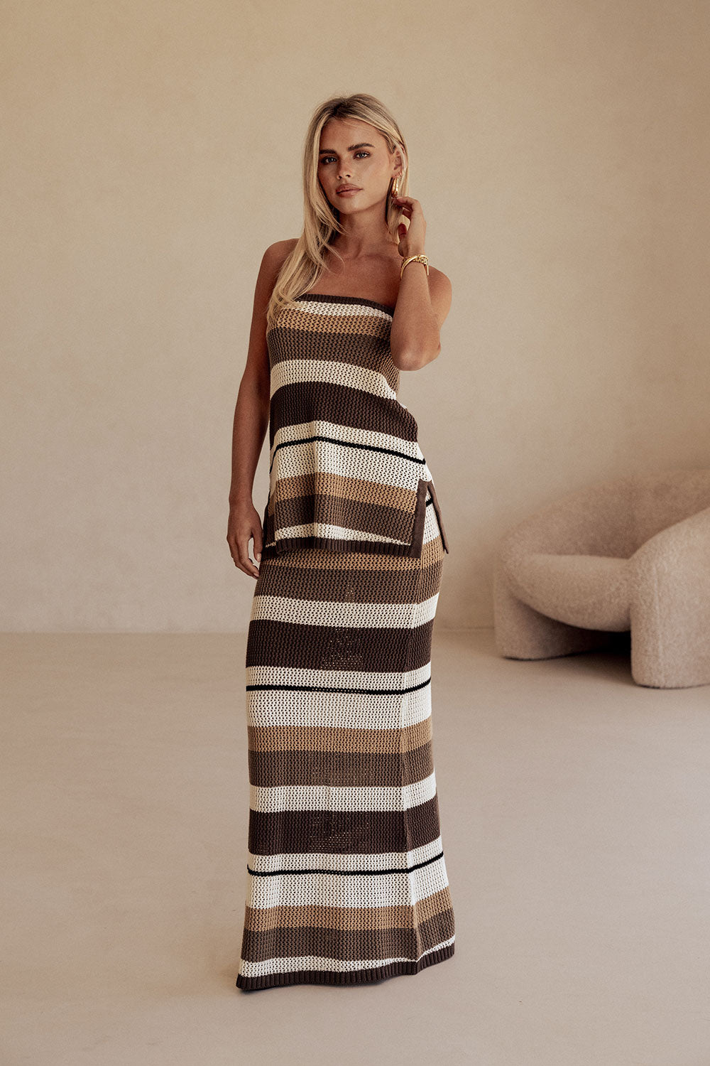 White and Brown Stripe Knit A Line Maxi Damaris Skirt