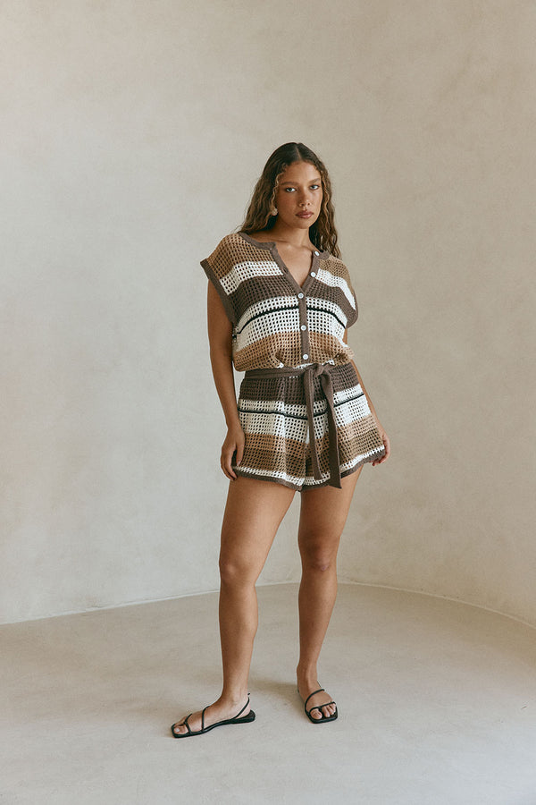 Brown and Cream Stripe Knit Button Up Ember Playsuit