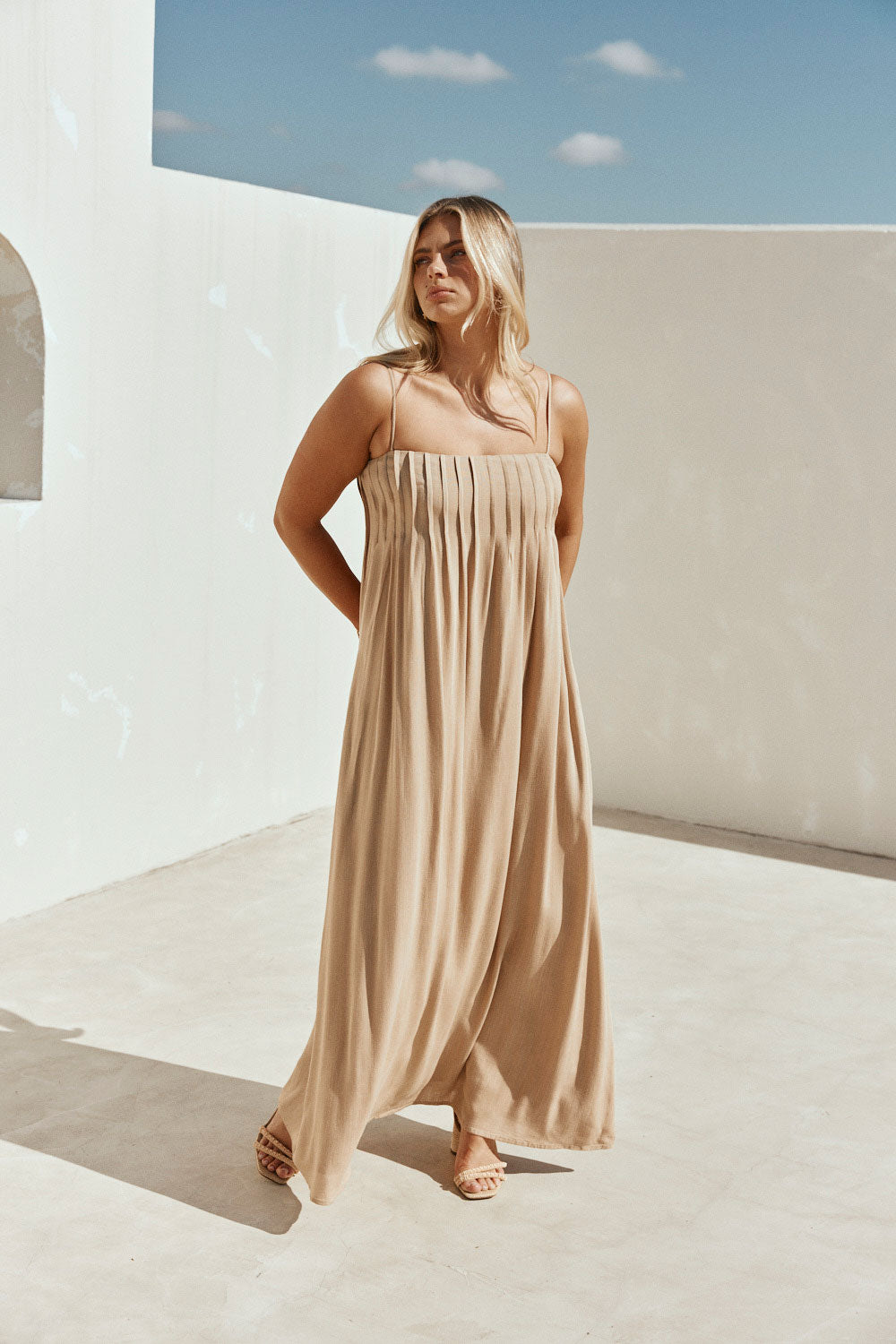 Tan Pin Tuck Pleat Maxi Ada Dress
