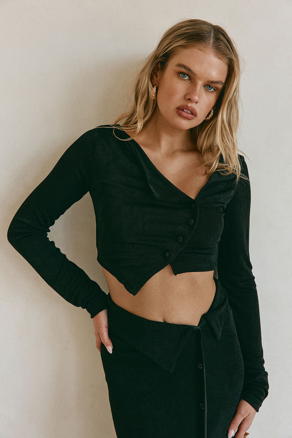 Black Asymmetric Button Up Cropped Indi Top