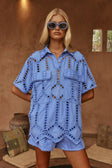 Blue Cotton Cutwork Button Up Alyce Shirt
