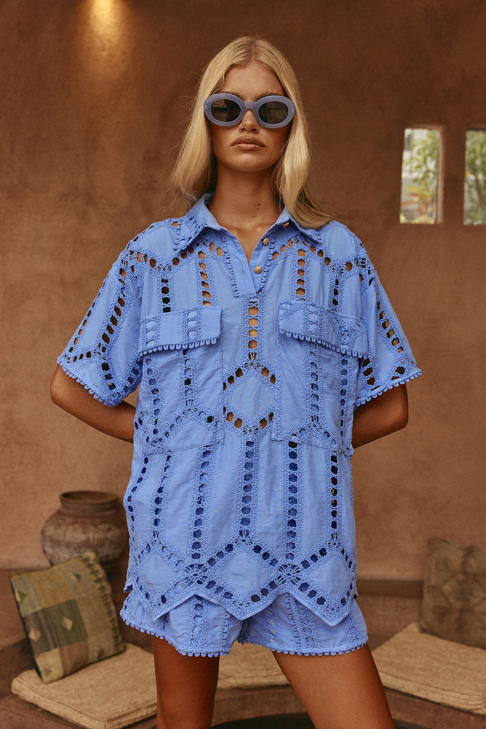 Blue Cotton Cutwork Button Up Alyce Shirt