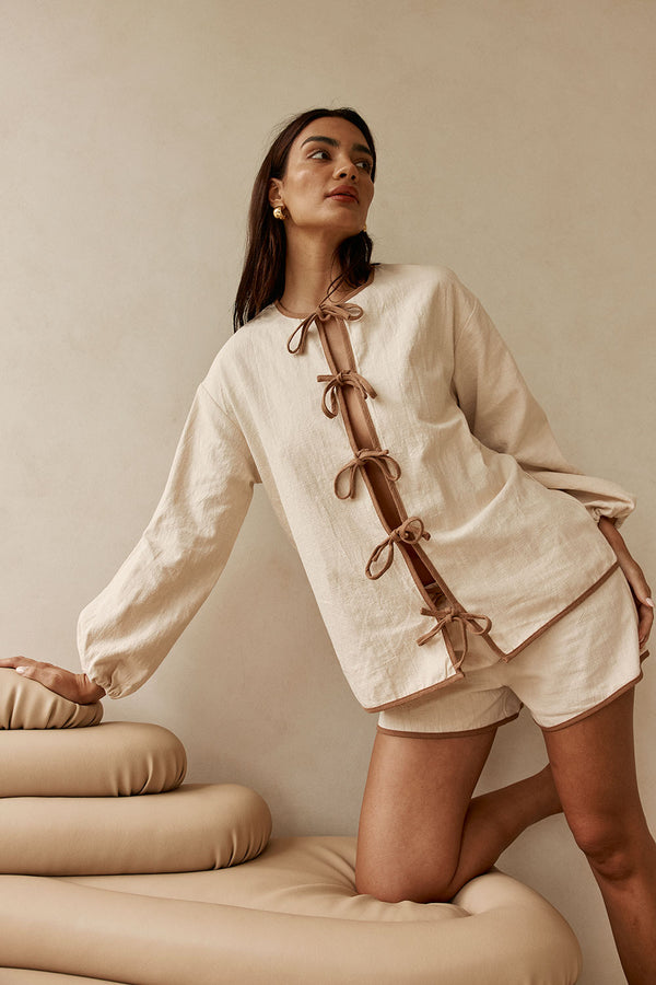 Beige Puff Sleeve Front Tie Paloma Top