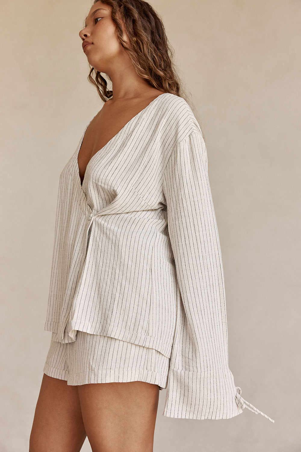 Beige and Black Pinstripe Lyla Wrap Top
