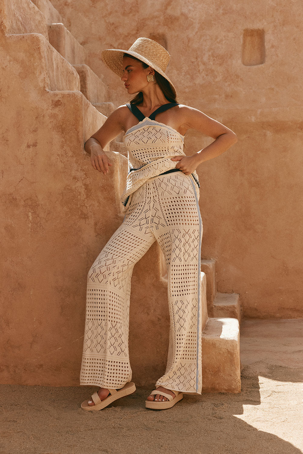 Cream Patch Crochet Knit High Waist Matilda Pants