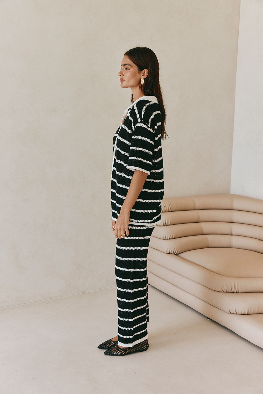 Black And White Stripe Knit Button Up Collar Mia Top