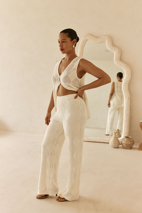 Cream Knit Elastic High Waist Blanca Pants