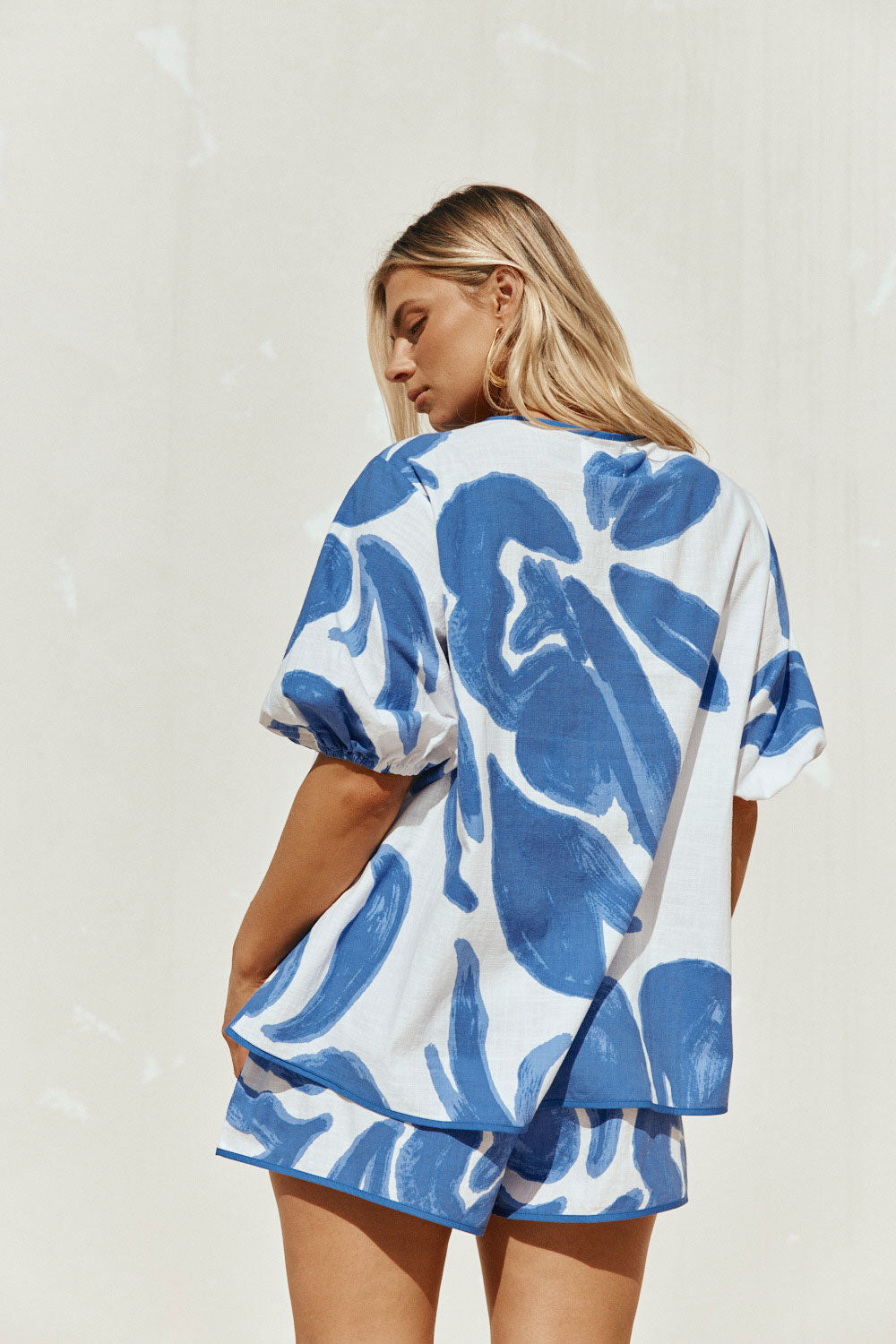 Blue Ada Flora Print Tie Puff Sleeve Pax Top