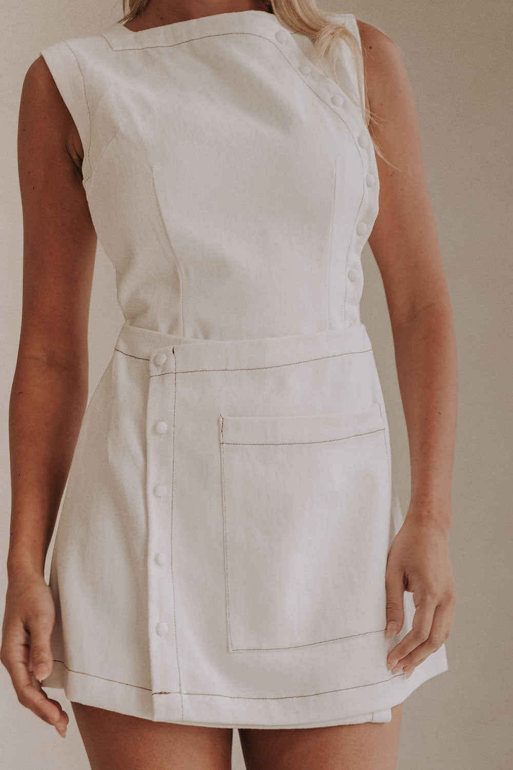 Alexi Button Mini Dress - White, Brown trim