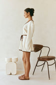 Farlee V Neckline Long Sleeve Front Tie Dress - Cream, Brown