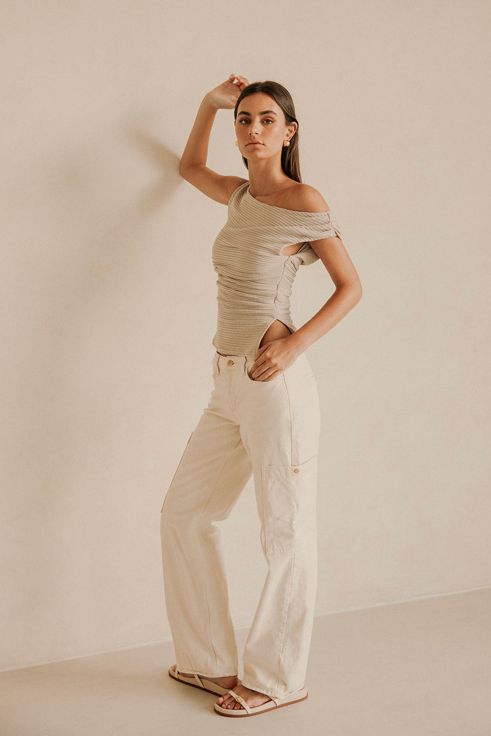 Grey Ribbed Asymmetric Ruched Deni Top