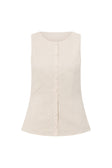 Beige Cotton Round Neck Button Up Panel Adri Top