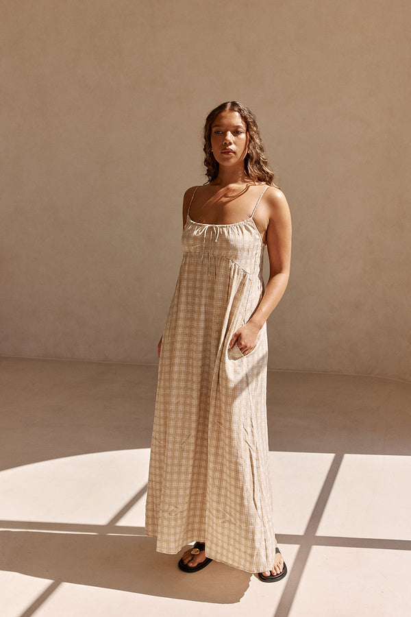 Khaki Gingham Strappy Maxi Lissa Dress
