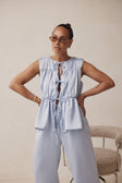 Blue Ruched Panelled Front Tie Juliette Top