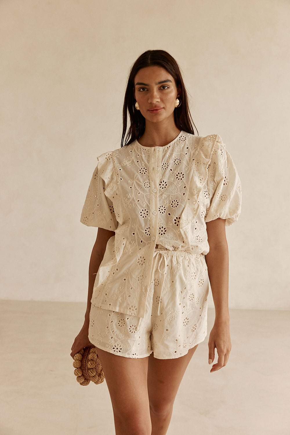 Beige Broderie Drawstring Wynter Shorts