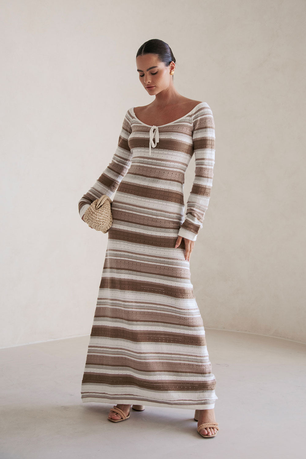 Tameeka Knit Maxi Dress - Stripe White Brown Grey