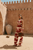 Red Sienna Sunset Print Pleated Del Mar Top