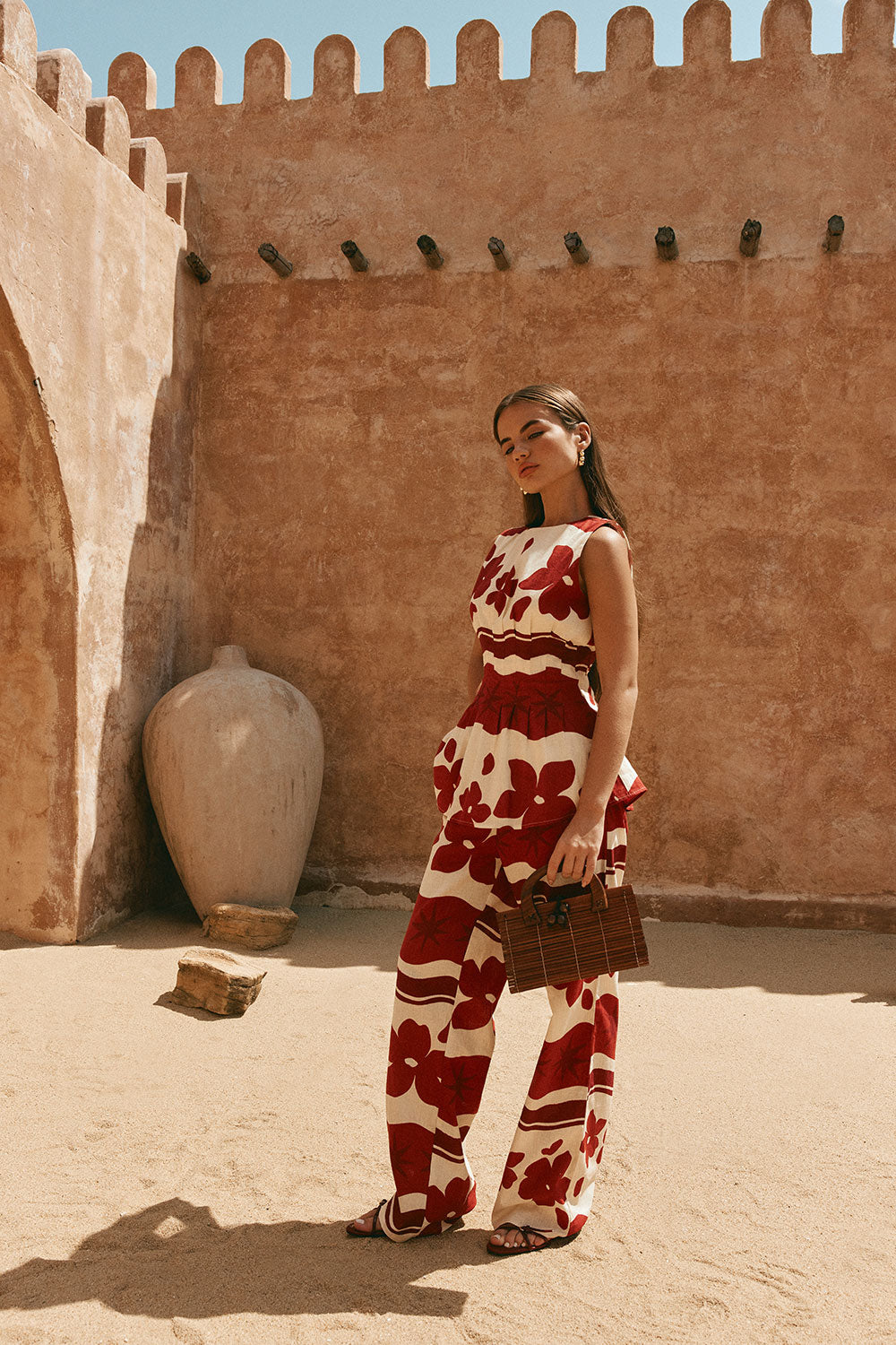 Red Sienna Sunset Print Pleated Del Mar Top