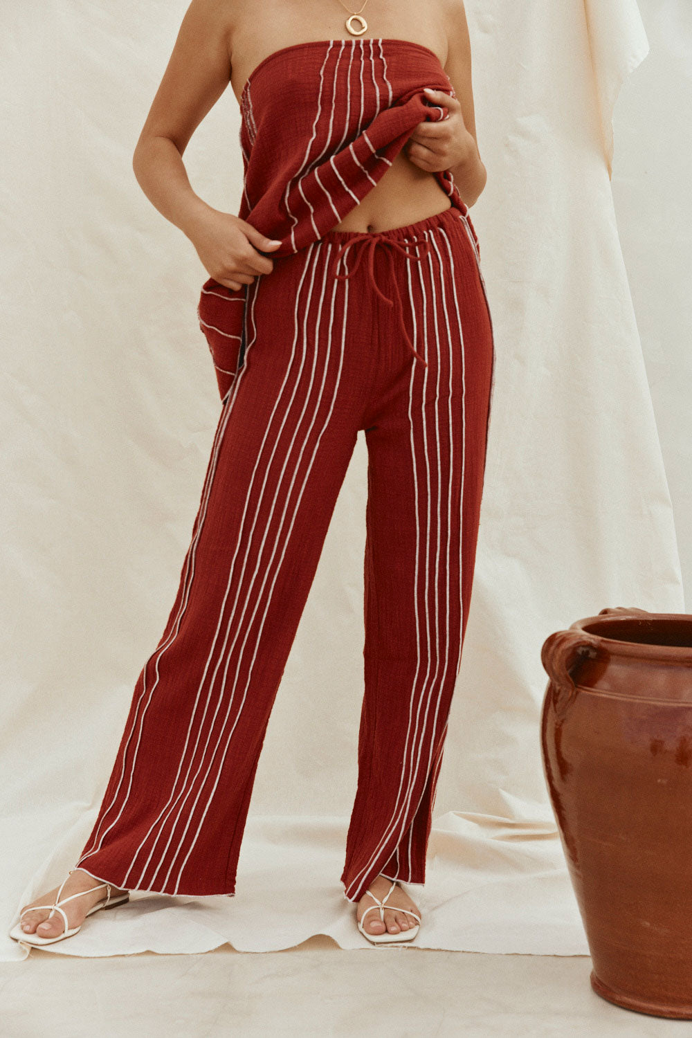 Merlot Red Cotton Elastic Drawstring Emilia Pants