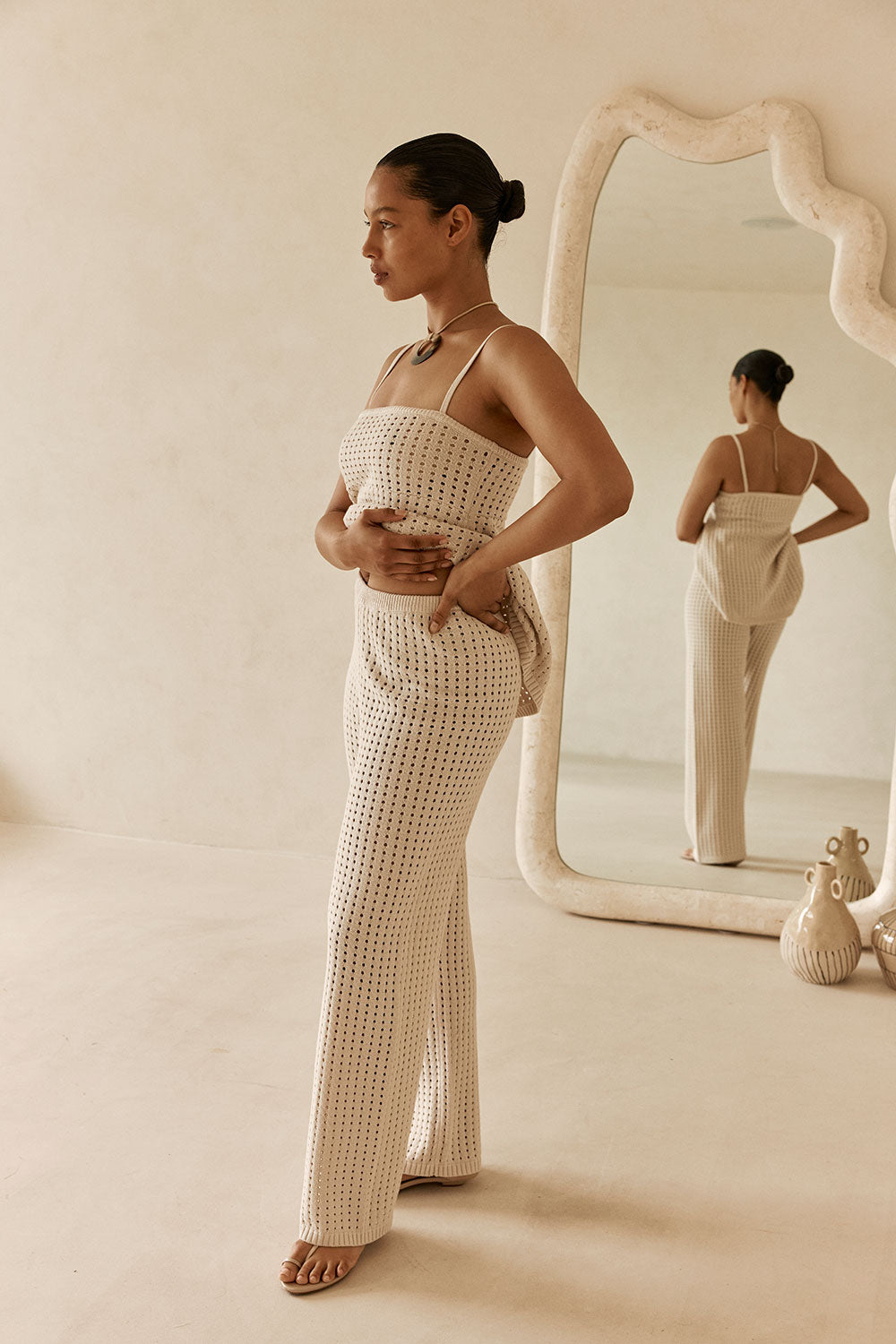 Beige Crochet Knit High Waist Nev Pants