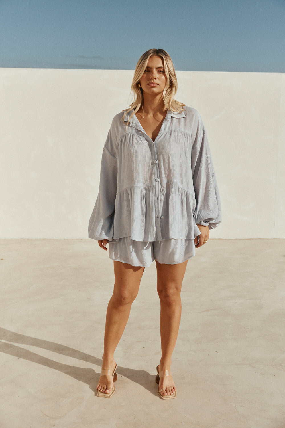 Baby Blue Long Sleeve Button Up Panel Huxley Top