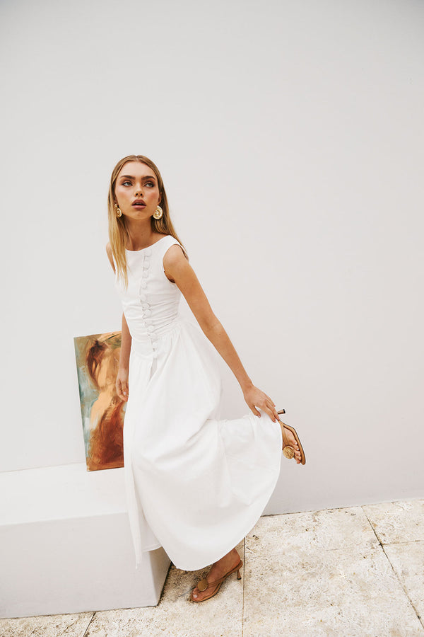 White Button Split Maxi Odessa Dress