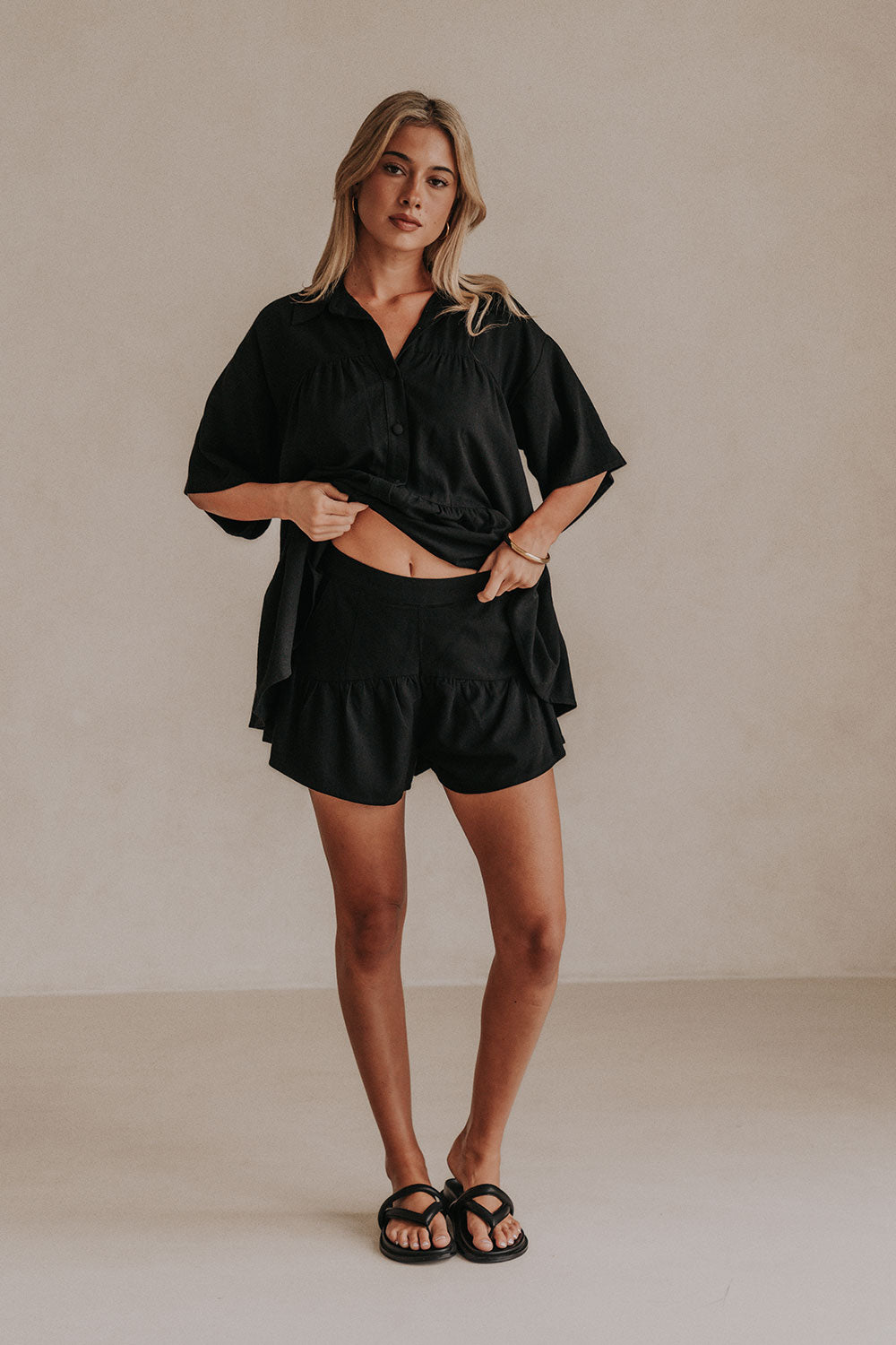 Black High Waist Gathered Flounce Panel Luna Shorts