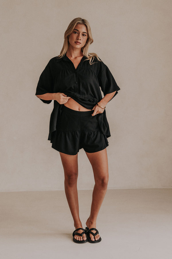 Black High Waist Gathered Flounce Panel Luna Shorts