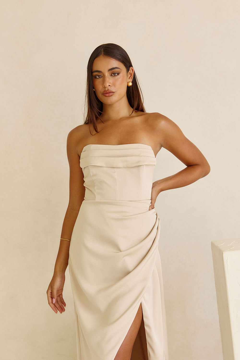 Champagne Strapless Ruched Midi Pela Midi Dress