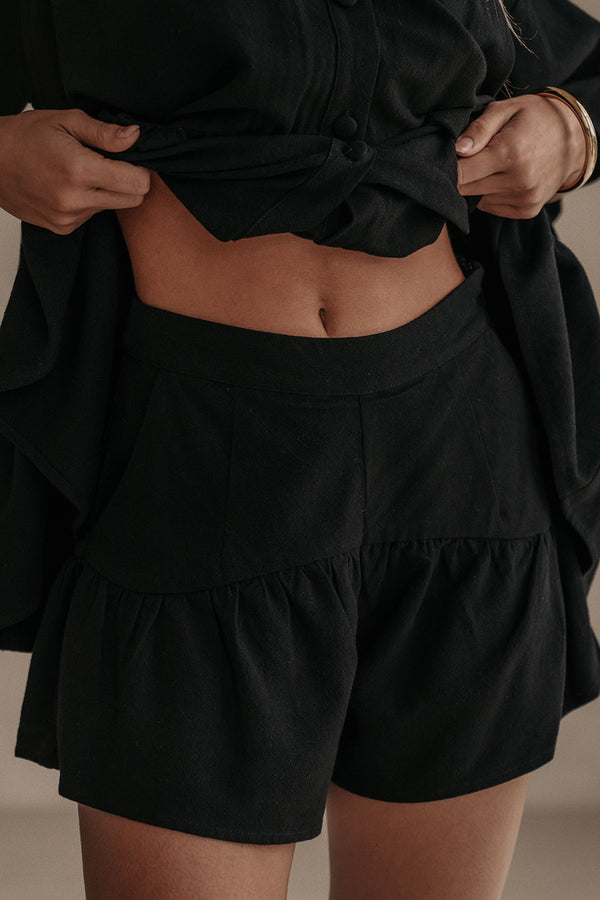 Black High Waist Gathered Flounce Panel Luna Shorts