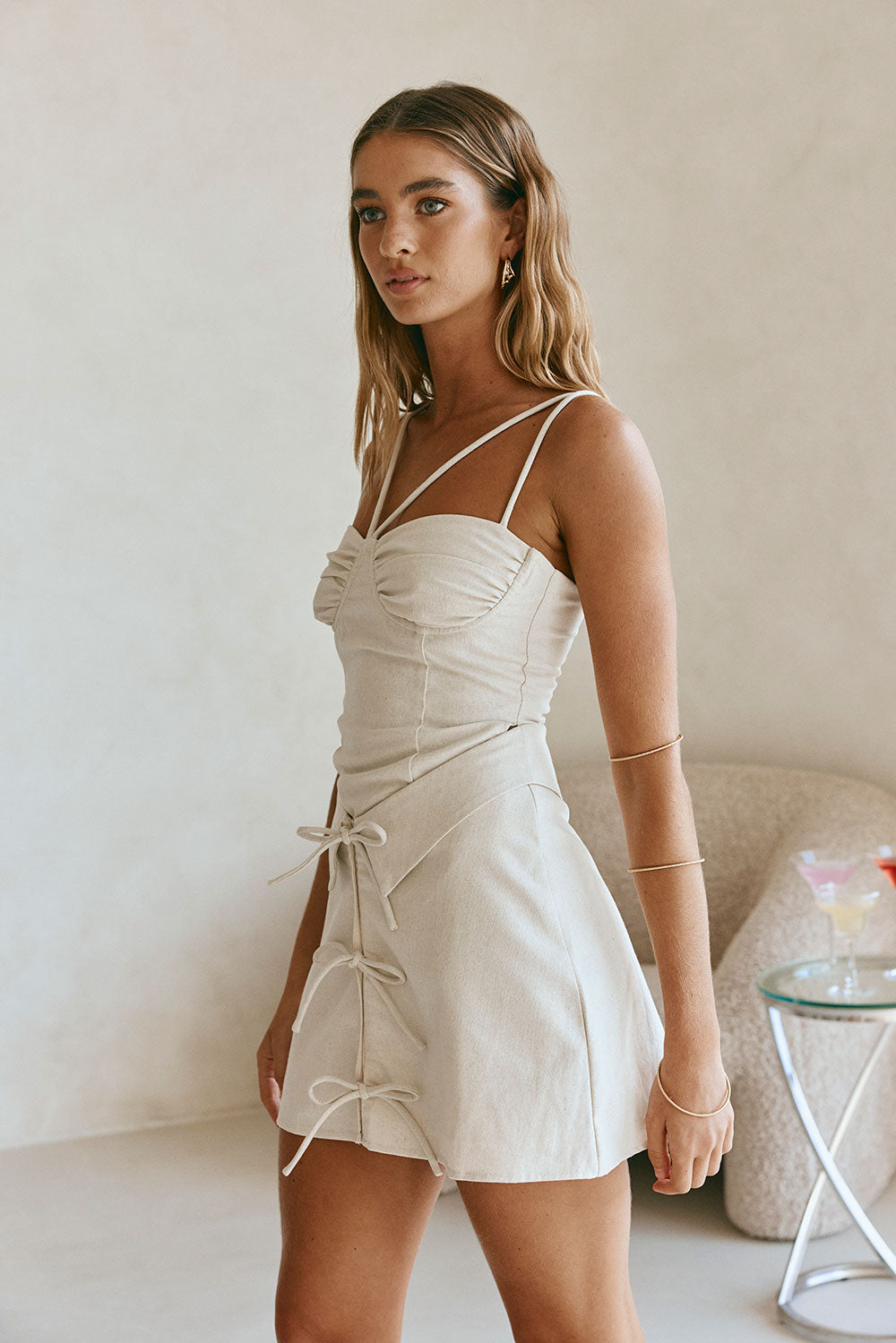 Beige Strappy Front Tie Mini Alexandra Dress