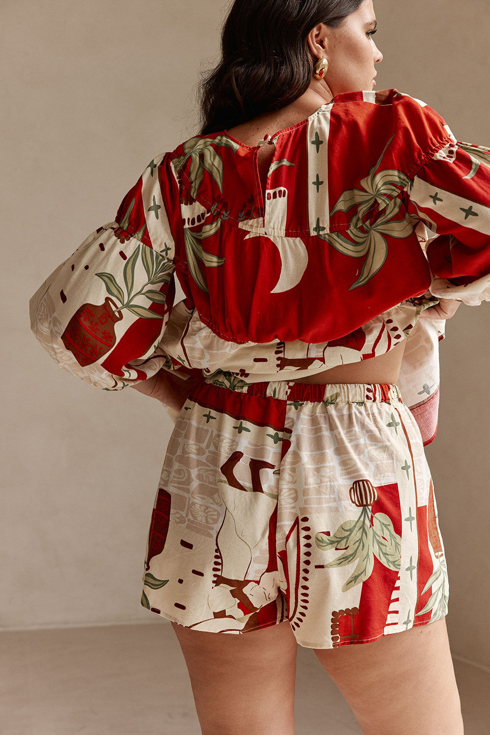 Red Palma Vista Print Elastic Drawstring Belinda Shorts
