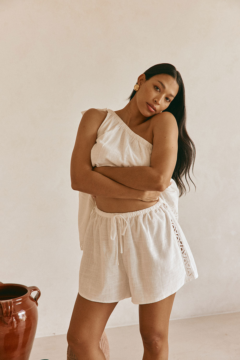 White Cotton Elastic Drawstring Stella Shorts