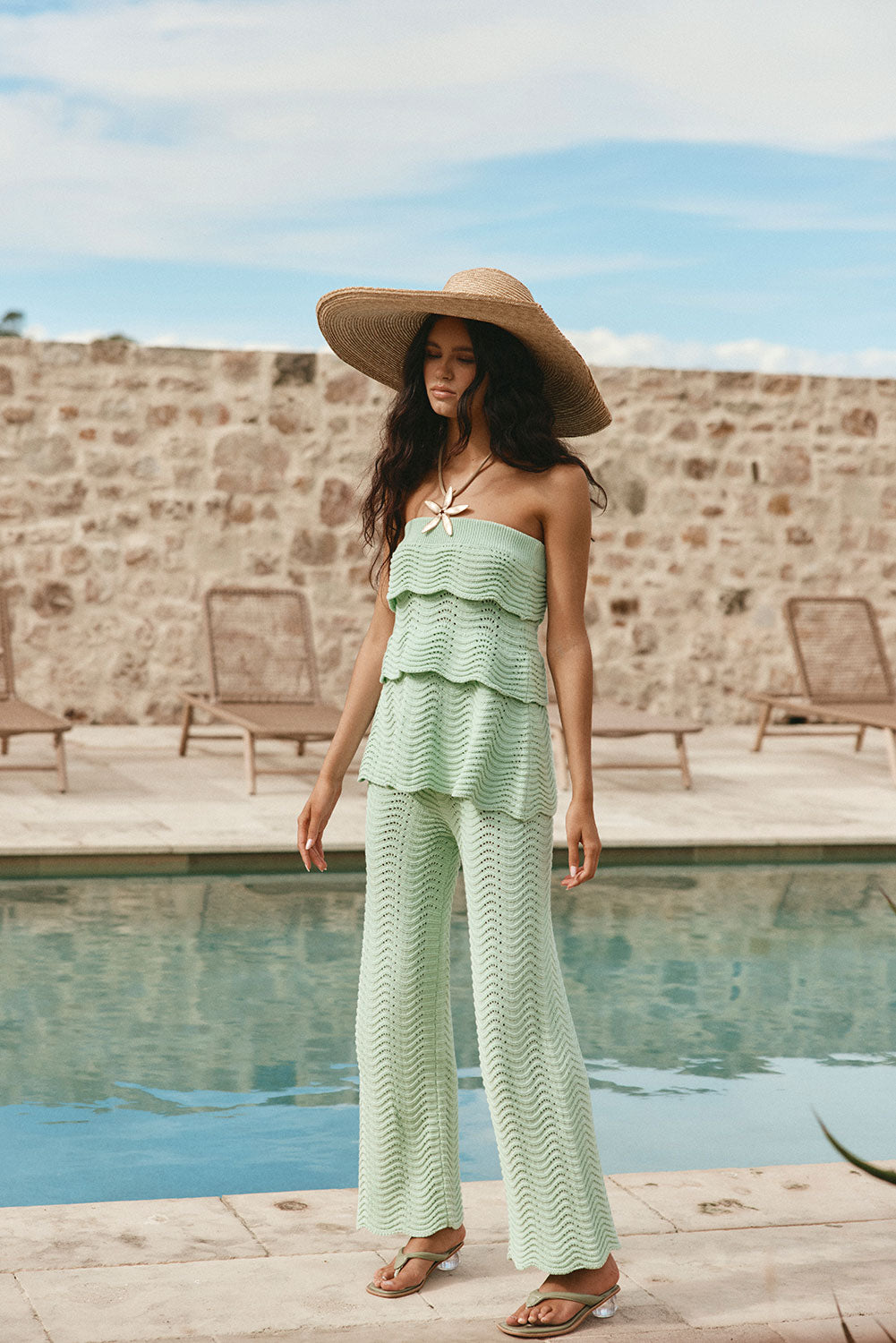 Mint Green Crochet Knit High Waist Kama Pants