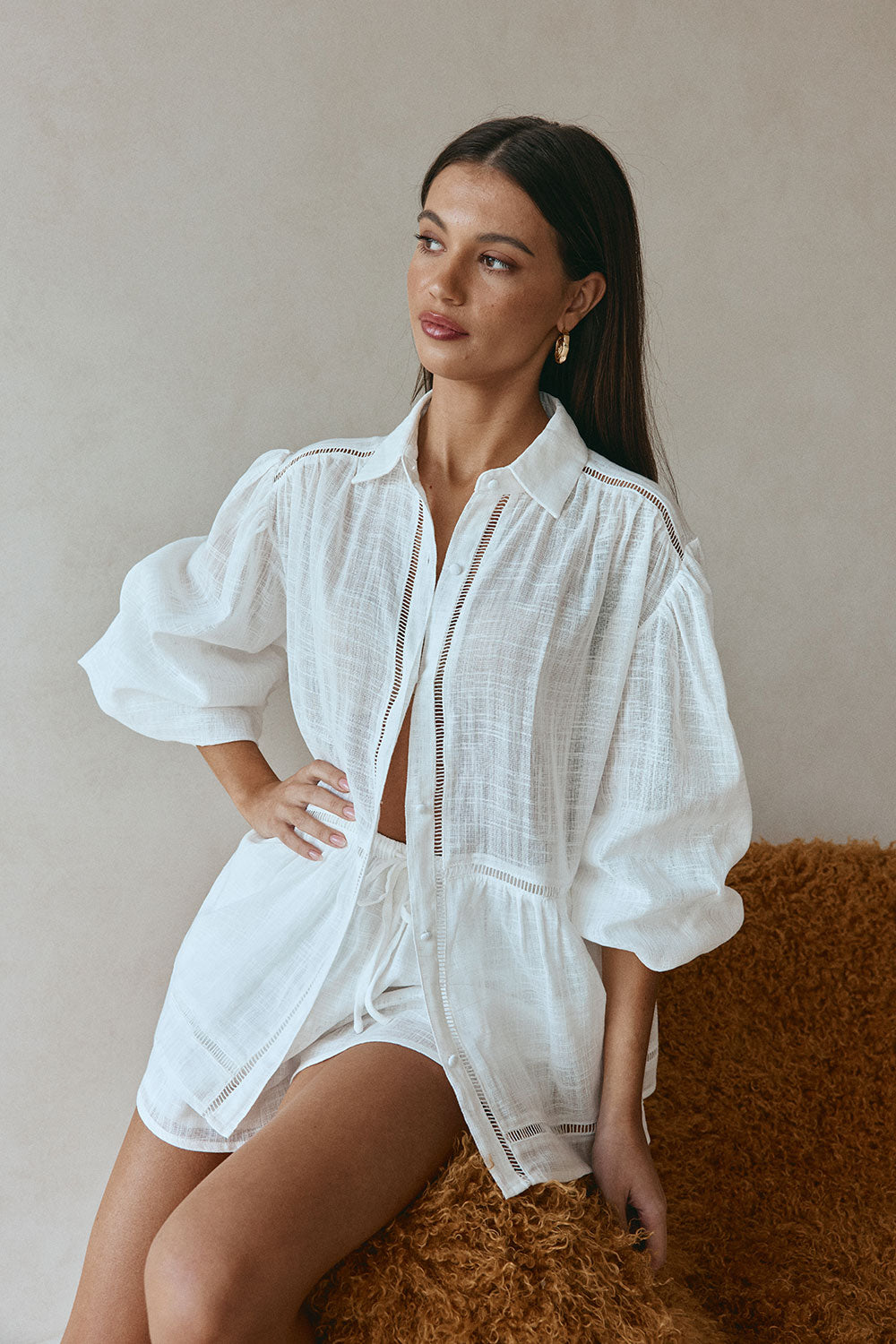 White Cheesecloth Button Up Puff Sleeve Rita Shirt