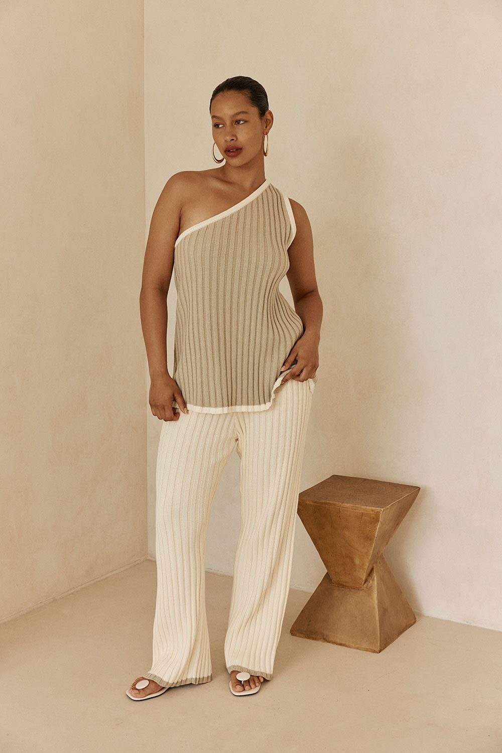 Stone Grey Ribbed Cotton One Shoulder Aylani Top