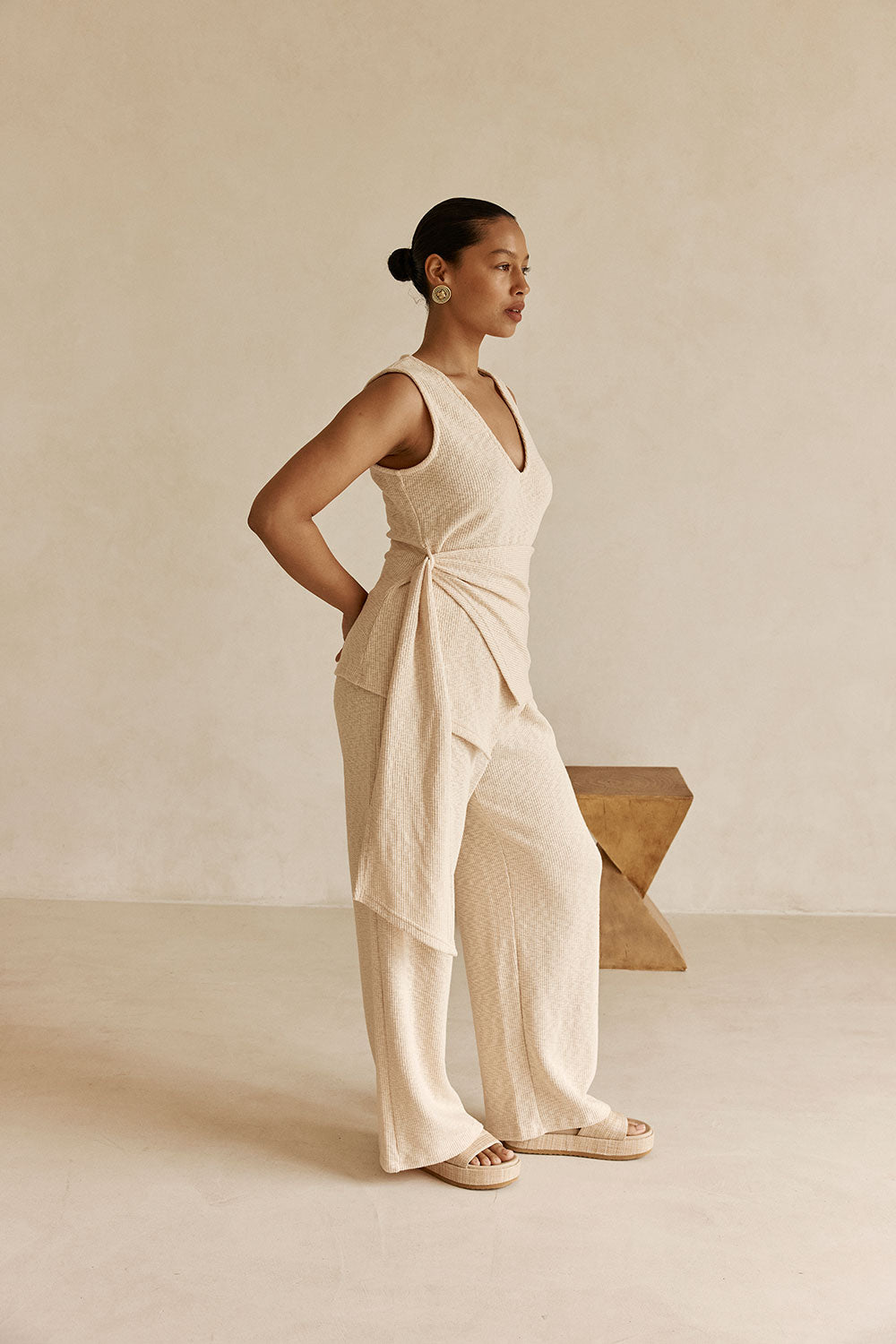 Beige Ribbed V-Neck Wrap Liora Top